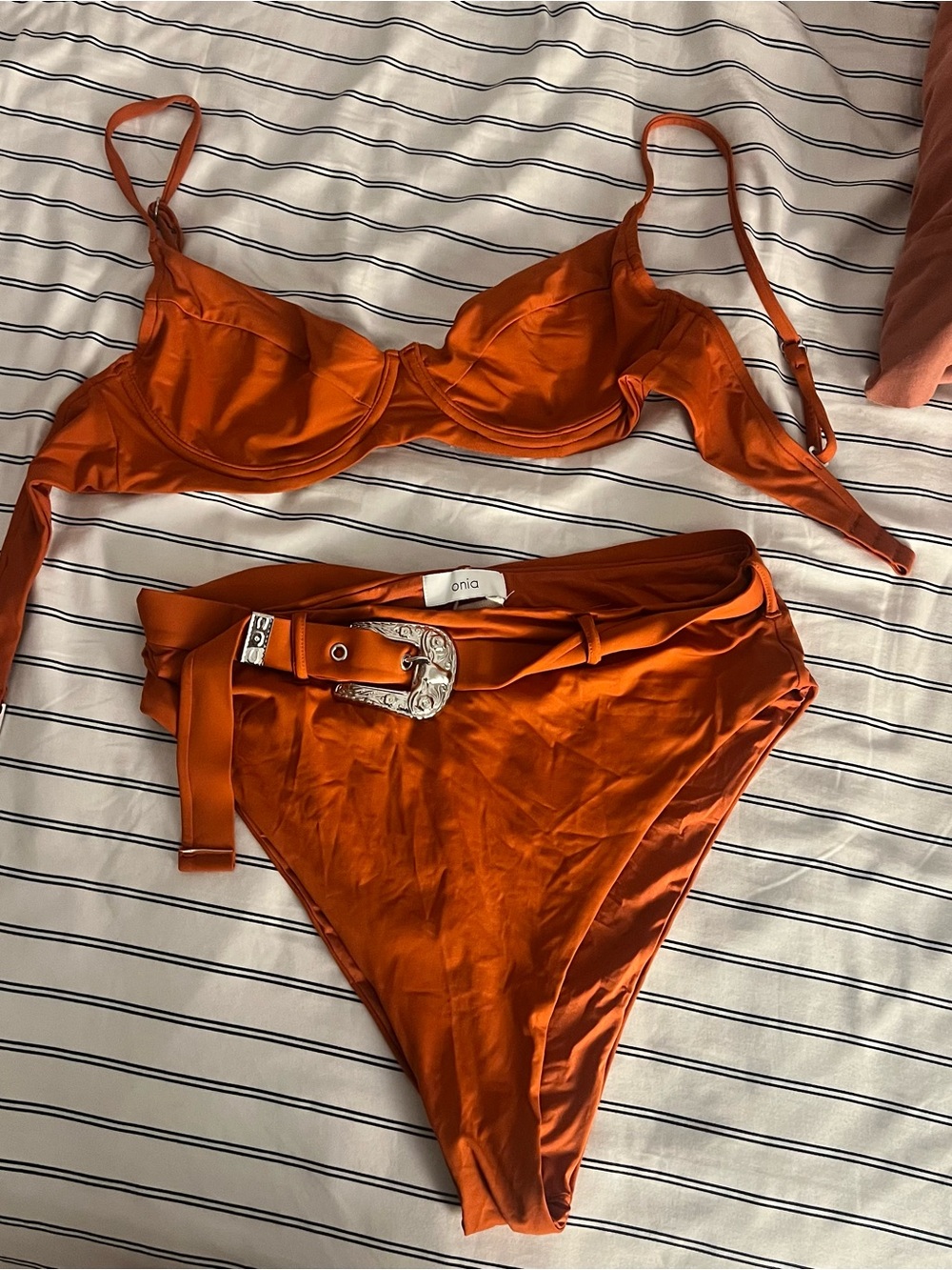 Onia Orange Rust Underwire Bikini Top with High-Waist Buckle Bottom